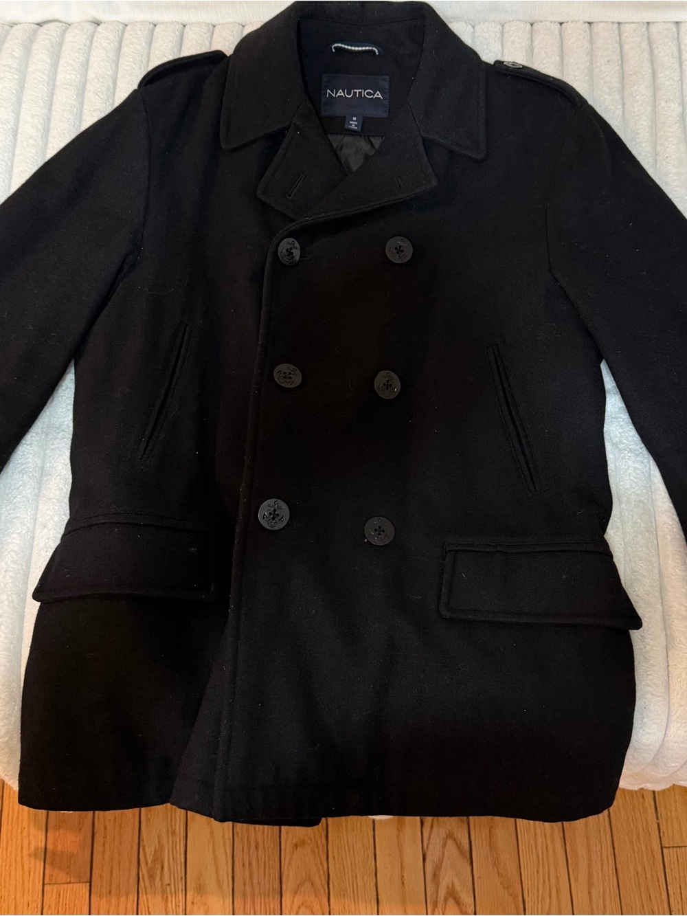 Nautica Black Double-Breasted Wool Pea Coat